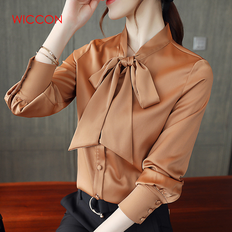 

Women Satin Blouse Button Long Sleeve White Brown Stand Bow Tie Lace Up Ladies Office Work Elegant Female Satin Blouses Shirts