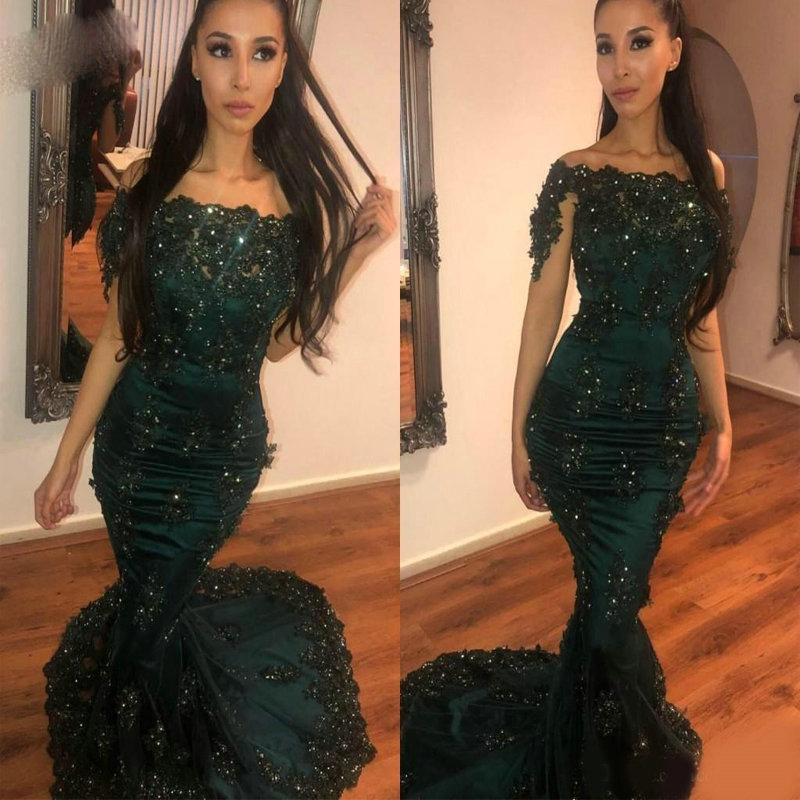 

Sexy African Dark Green Mermaid Prom Dresses Off Shoulder Lace Appliques Crystal Beaded With Flowers Formal Evening, Gray