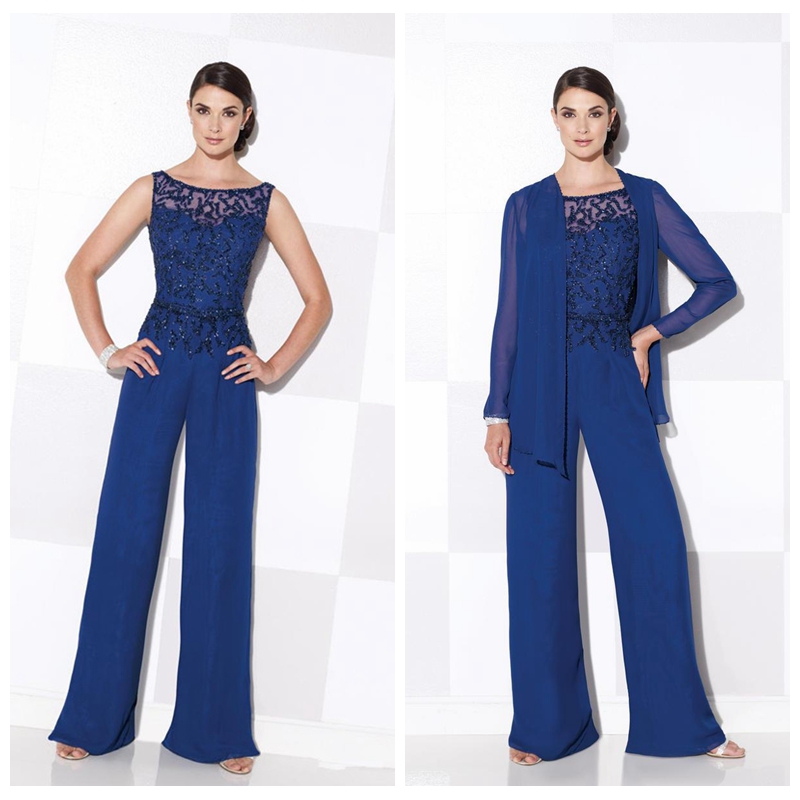 2019 Mère formelle de la mariée Pantalon Costumes Combinaison élégante avec veste à manches longues Robes formelles d'été Costume de fête de la m