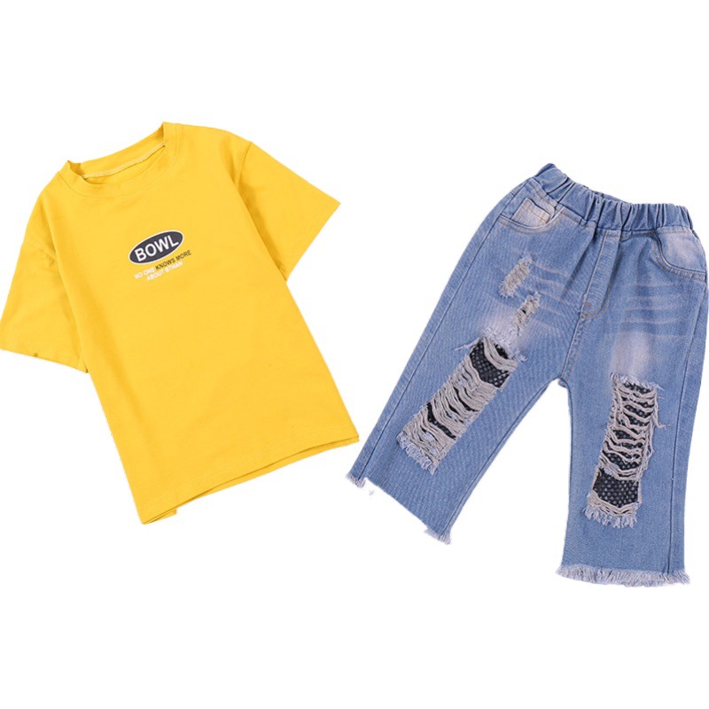 

2PCS Boy Outfit Short Sleeve Tshirt + Denim Shorts Sets Kids Summer Clothes Boys Ripped Jeans Shorts Toddler Boys Clothing Set, White
