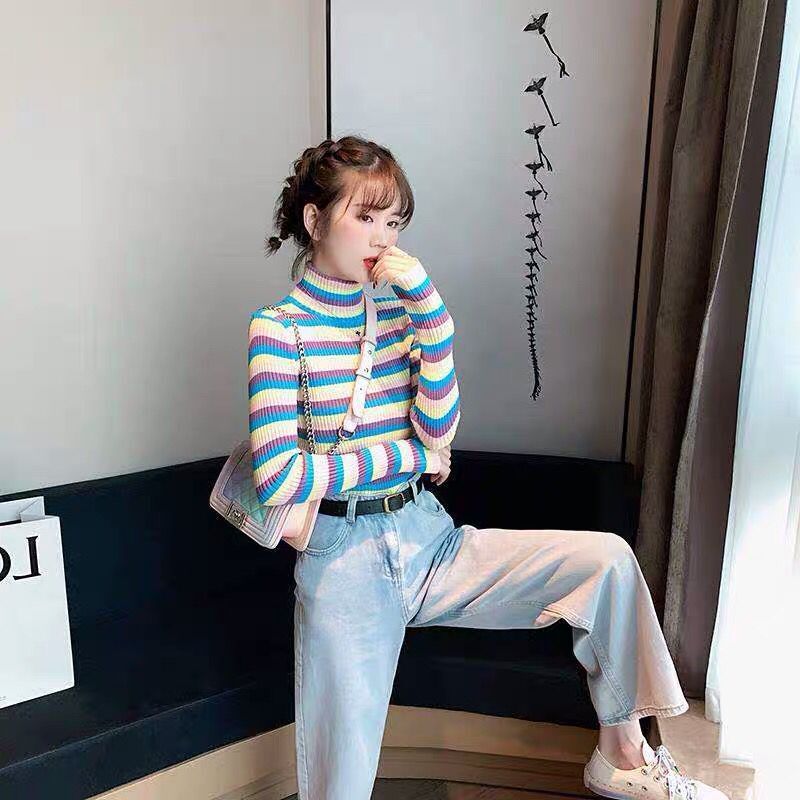 

Turtleneck Rainbow Striped Long Sleeve Knitted T-shirt Tops Women Korean Fashion Knitted Short Tees Shirt Schoolgirl Streetwear, Sky blue