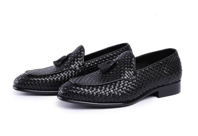 

spring summer genuine leather weave shoes men fashion tassel design wedding dress shoes pointed toe slip on breathable work shoe, Black