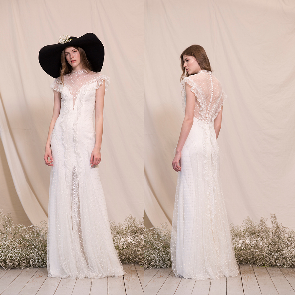 

Divine Atelier Sheer Neck Mermaid Wedding Dresses Capped Sleeveless Appliques Lace Wedding Dress Floor Length Bridal Gown, Gray