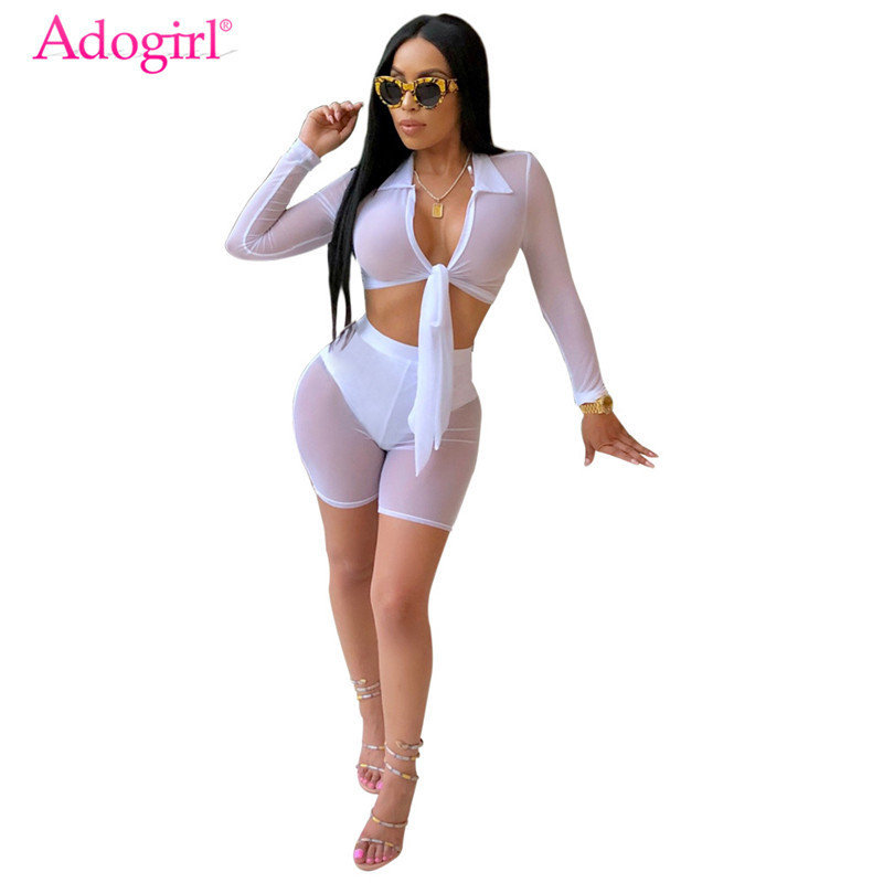 

Adogirl Sheer Mesh Women Sexy Night Club Two Piece Set Turn Down Collar Long Sleeve Front Tie Crop Top Shorts with Briefs Outfit 210204, Black two piece set