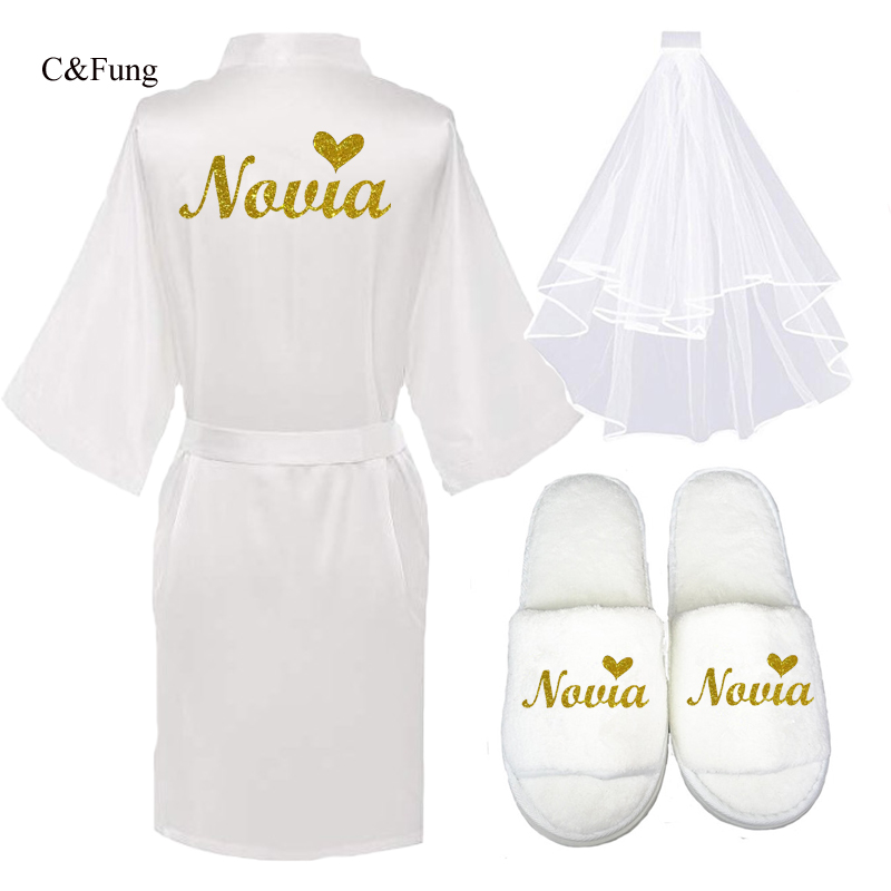 

NEW 3pc set of glitter Novia Espanol spanish bride robe slippers bridal veil women Bridal Party 2019 short kimono satin robe, 1slipper silver