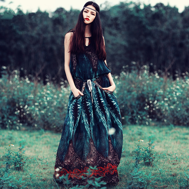 

Summer Dress 2020 Women Boho Yellow/Green Chiffon Maxi Dress Vintag Retro Beach Casual Loose Long Women clothing