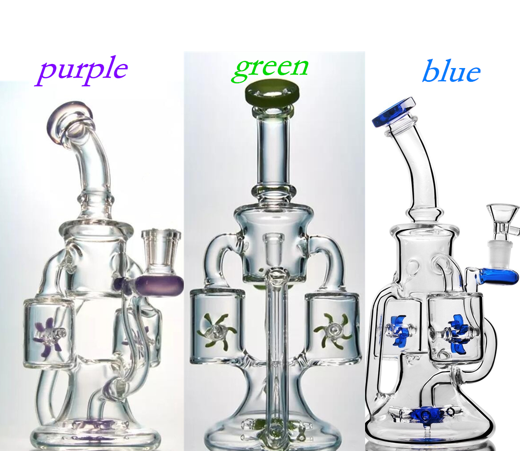 

8.7" Double Recycler Dab Rigs Propeller Percolator Unique Bongs Glass Water Bongs Windmill Perc Water Pipes Oil Rigs With 14mm Green Purple