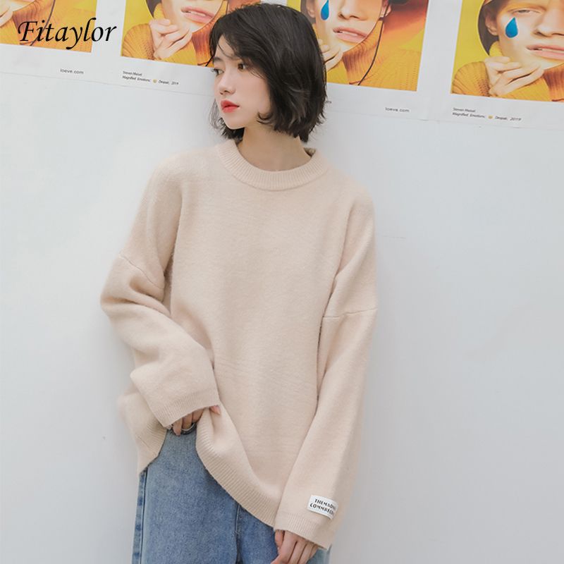 

Fitaylor New Autumn Women O-neck Knitted Pullovers Casual Female Loose Fit Sweater Solid Color Knitwear Tops, Beige