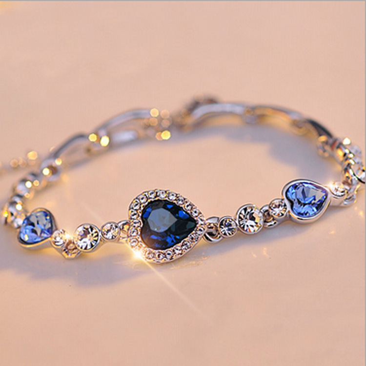

Luxury Sparkly Diamond Bracelet Classic Heart of The Ocean Romantic 925 Silver Love Heart Aquamarine Bracelet Bridal Jewelry 22cm
