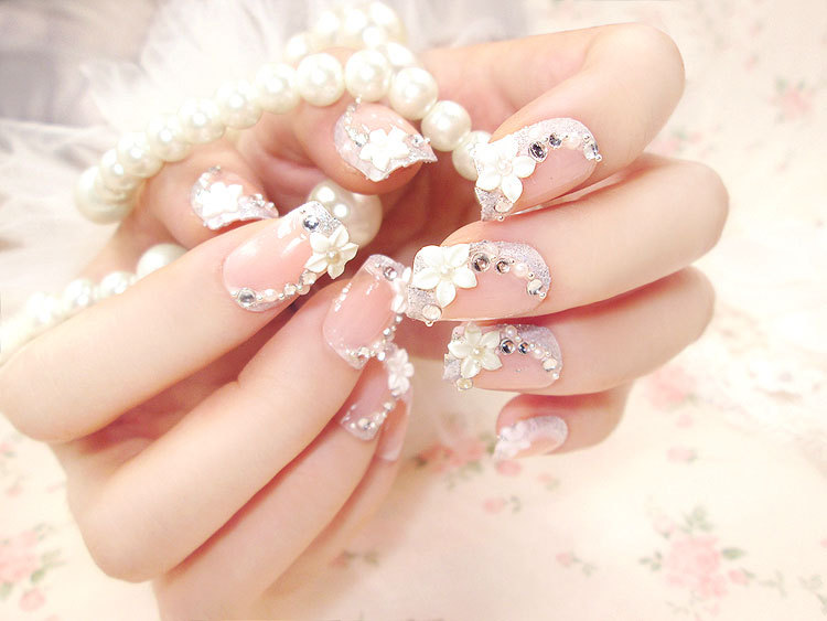 

New 24 pieces Party Wedding Flower French Style 3D Acrylic Classical Plastic Art Long Fake false Sticker Nail Tips Free Glue Gel, As pic