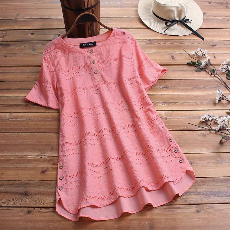 

Summer Tunic Tops Hollow Out Blouse Women Vintage Short Sleeve Shirt Female Solid Casual Cotton Linen Blusas Robe Femme Chemise, Pink