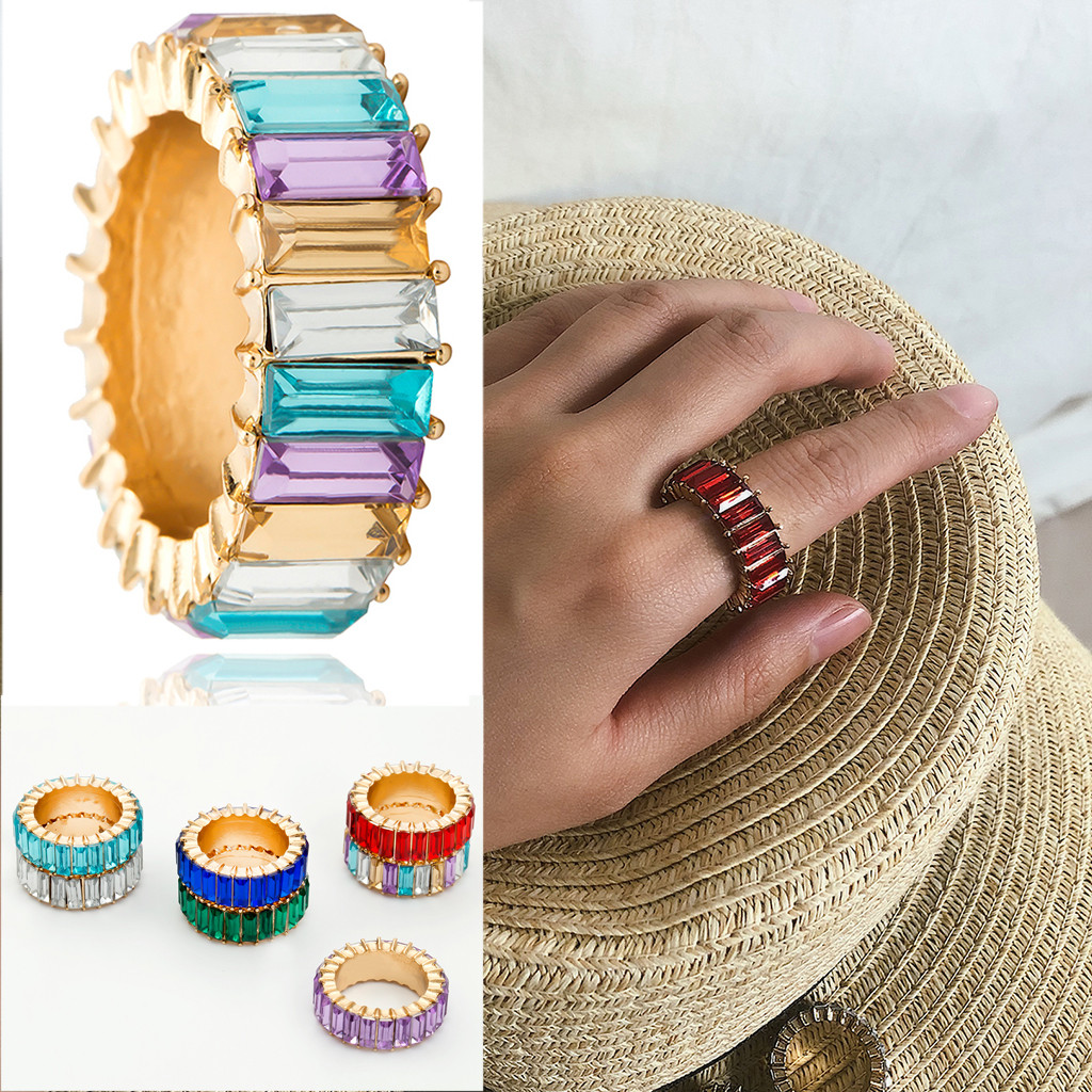 

2019 Exquisite Creative Ring Hand Studded Geometric Rainbow Stone Wedding Jewelry Gift Alliance Anel Anillos Aneis Rings #jink