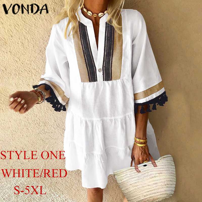 

Summer Mini Dress VONDA 2020 Woman Vintage Printed Half Sleeve V Neck Party Dresses Plus Size Loose Bohemian Vestidos Femme Robe, White 1