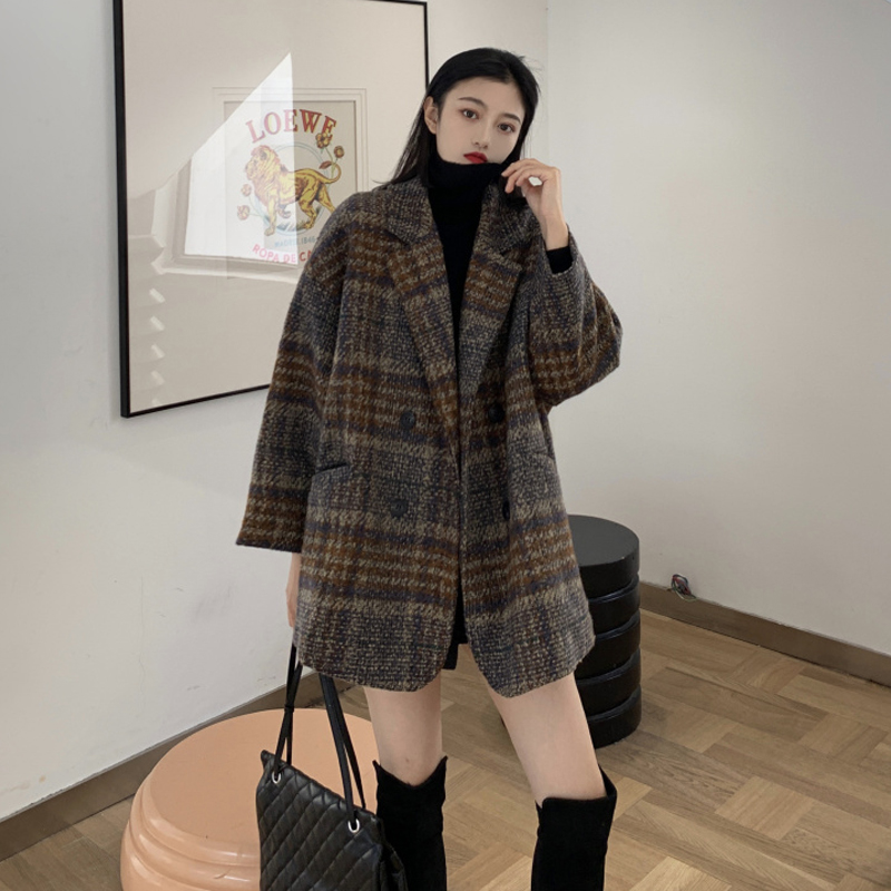 

Women's Plaid Thick Woolen Jacket Thicken Fleece Long Wool Coats Female New Winter Spring Korean Loose Warm Woolen Coat Outwear, Brown