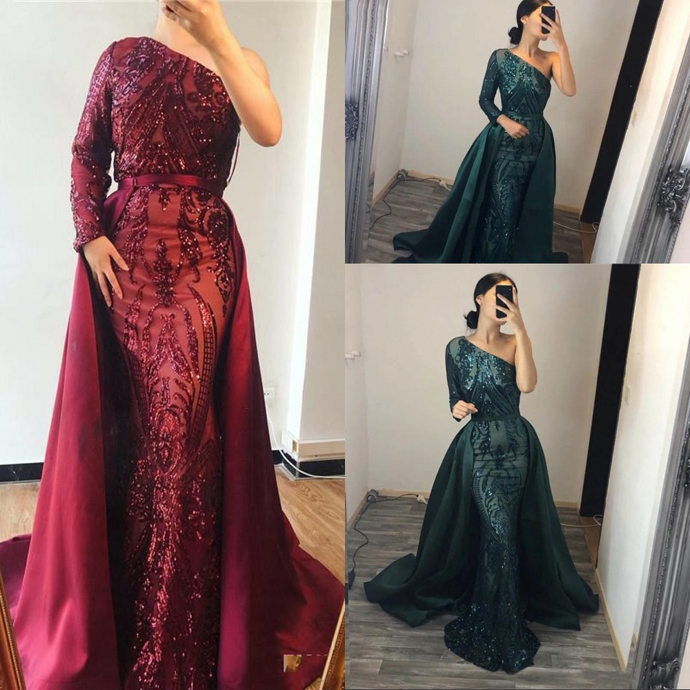 New Sexy Dark Green Red Sequins Lace Prom Dresses Mermaid One Shoulder Long Sleeve Party Sequined Detachable Train Formal Evening Gowns Wear