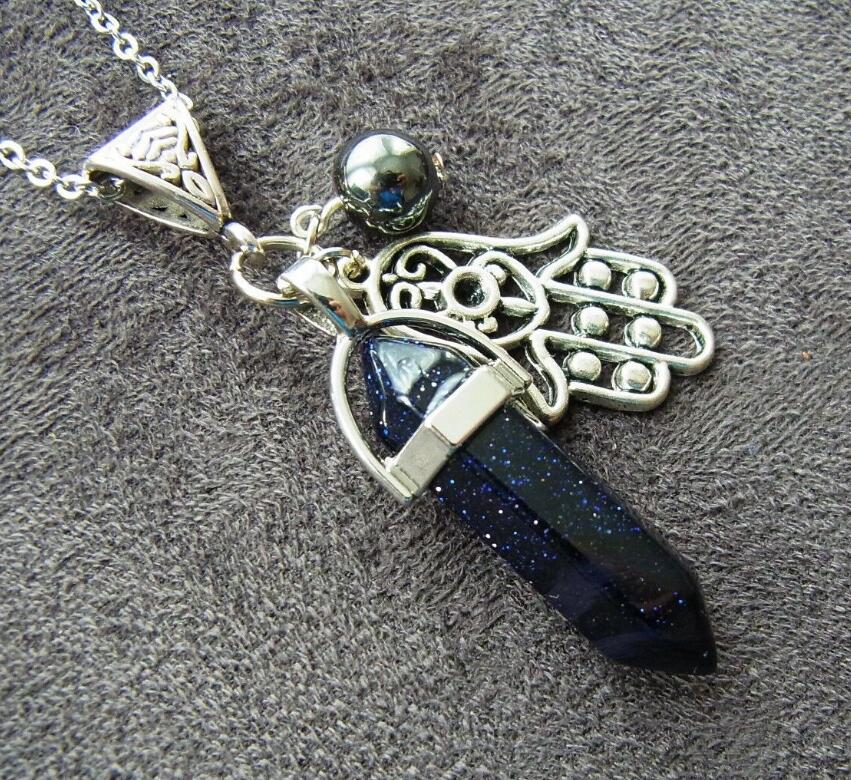

Hexagonal Prism Gemstone Rock Natural Stone Pendant Hamsa Fatima hand Necklace Bullet Quartz Point Healing Crystals Chakra Jewelry Gift, Silver