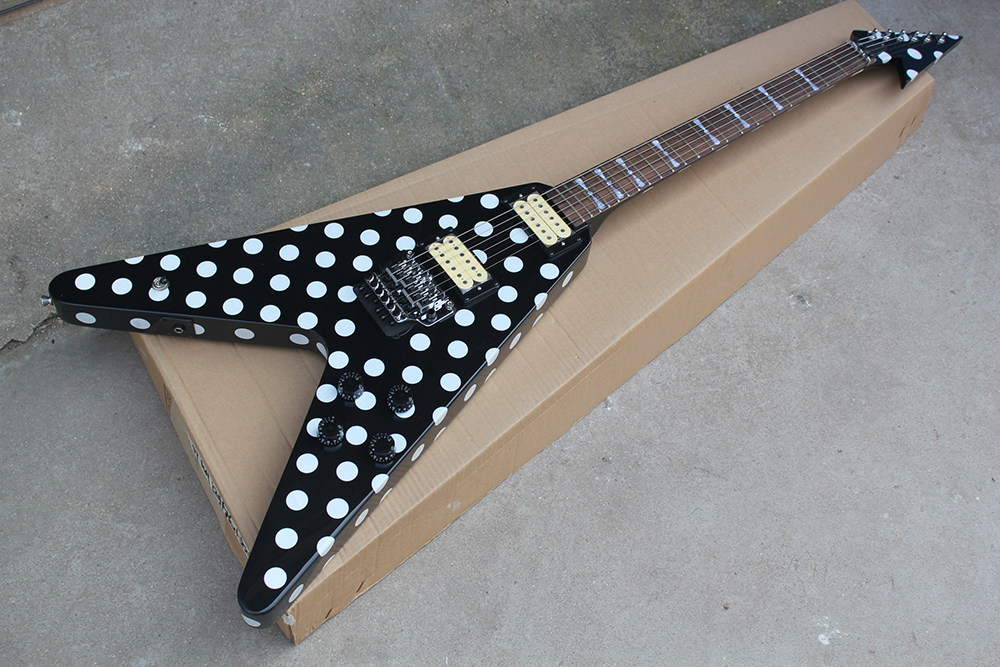 

Factory Custom Black Unuaual Electric Guitar with White Dots Pattern,Rosewood Fingerboard,Floyd Rose,HH Pickups,Can be Customized