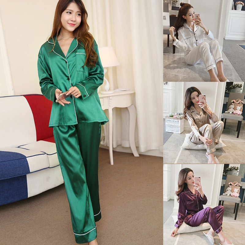Womens Satin Pajamas Sets Two Piece Faux Silk Sleepwear Sexy Homewear Long Sleeve Top Pants Female Nightwear Sets Autumn Y200425