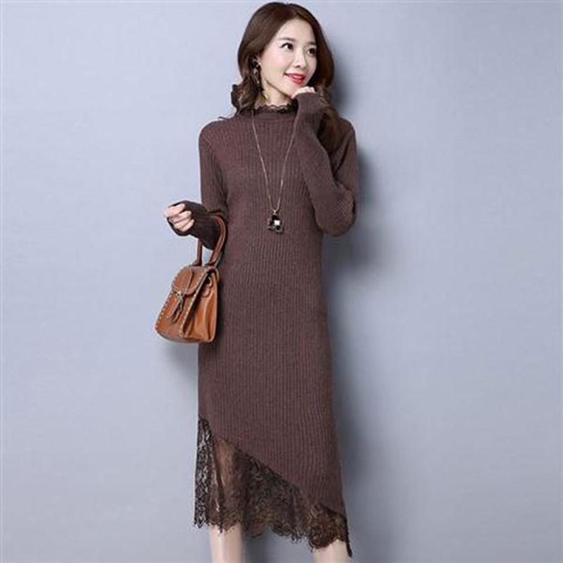 

Slim Sweaters Skirt Women Long Sweater Pullover Winter Knitting Lace Patchwork Plus Size Bottoming Sweater, Green