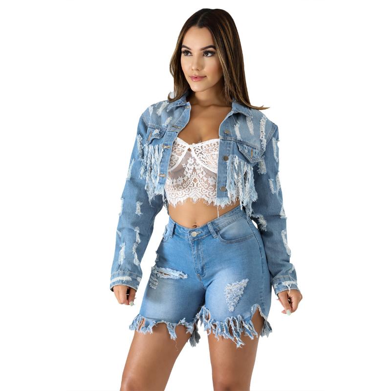 Womens Fashion Long Sleeve Irregular Distressed Denim Jacket Sexy Extra Short Hole Tassle Jeans Scratched Worn-out Coat