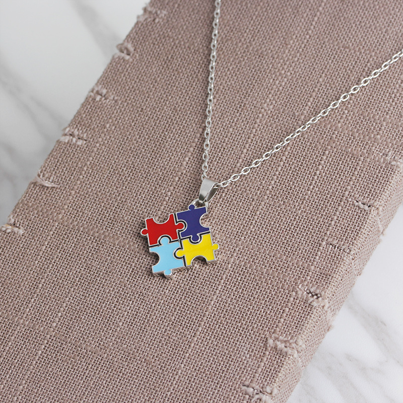 

10pc Enamel Colorful jigsaw puzzle pendant necklace Cartoon Kawaii Cubic autism awareness Lucky mother men's women's family gifts jewelry