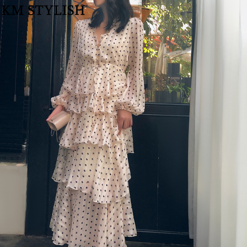Au début de l'automne Australie Zim Nouveau Vintage Gold Line Polka Dot Cake Longueur-Longueur Haute Taille V-Col V Ruffle Femmes Robe Livraison