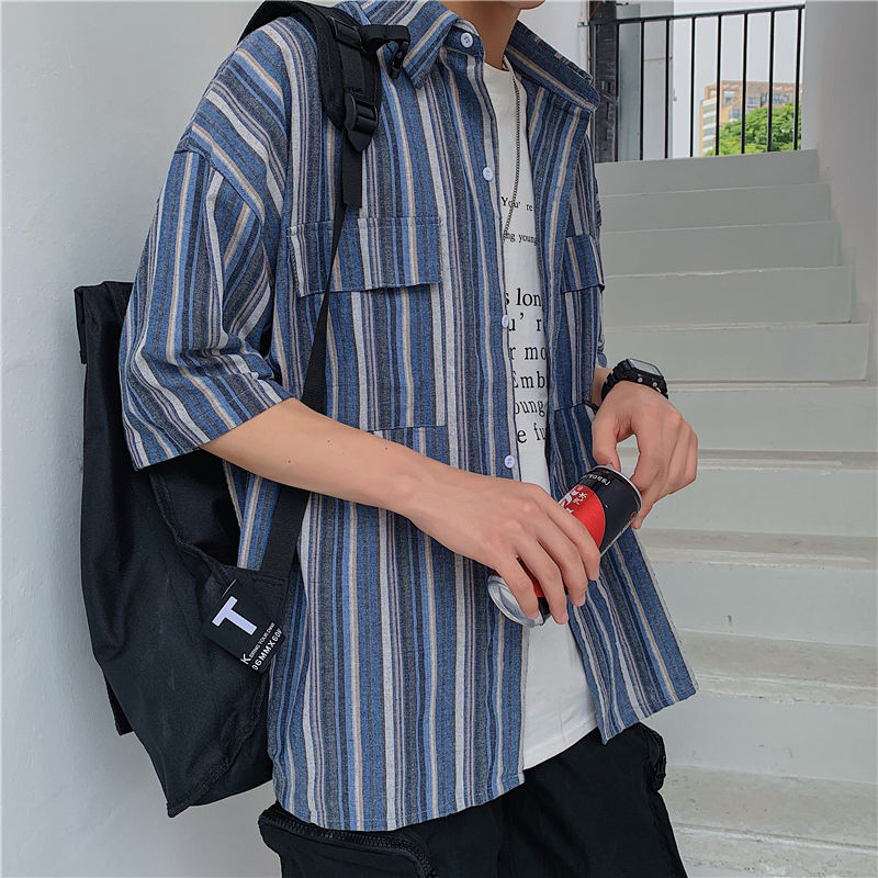 

Summer Striped Shirt Men's Fashion Business Casual Dress Shirt Streetwear Social Men Wild Loose Short Sleeve -5XL, Blue