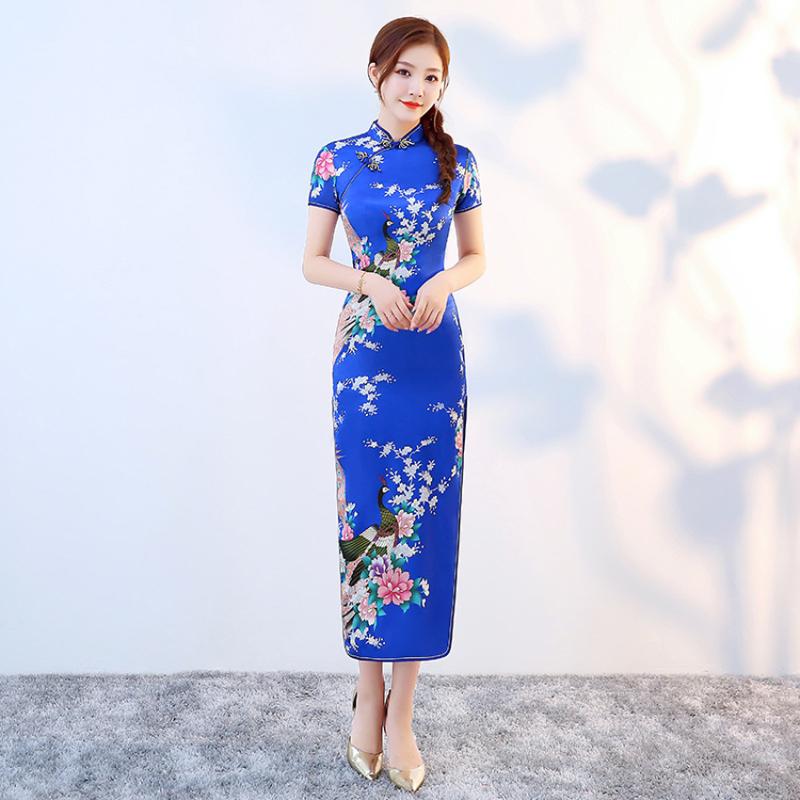 

Long Style Smooth Satin Cheongsam Qipao for Women Chinese Traditional Tight Bodycon Dress Oriental Asian New Year Wedding Gown