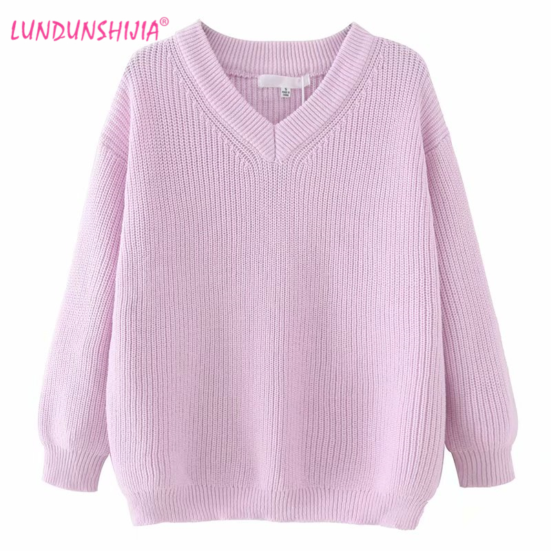

LUNDUNSHIJIA Women Sweaters Warm Pullover V-neck Loose Pull Jumpers 2020 Spring Autumn Long Style Knitting Sweaters For Women, Color 5