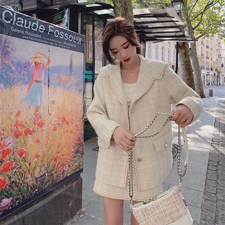 

Heydress 2020 Autumn Winter Women Turn-down Collar Woolen Coats Double Breasted Blazer Female Elegant Two Piece Set, Khaki