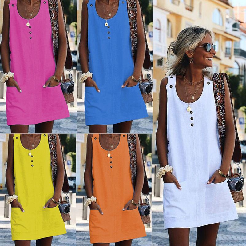 

Explosive new women' models 5-color summer fashion wild pocket button dress, Orange