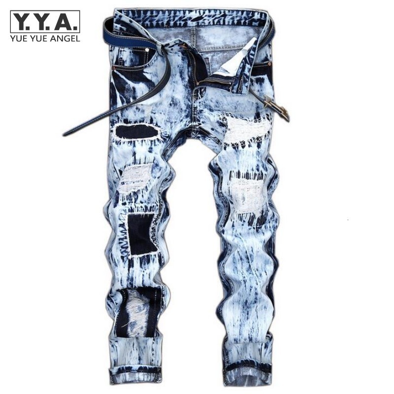 

Hot Sale Mens Punk Jeans Distressed Hole Trousers For Man Patchwork Light Blue Male Jeans Washed Zipper Homme Denim Pants, B lu