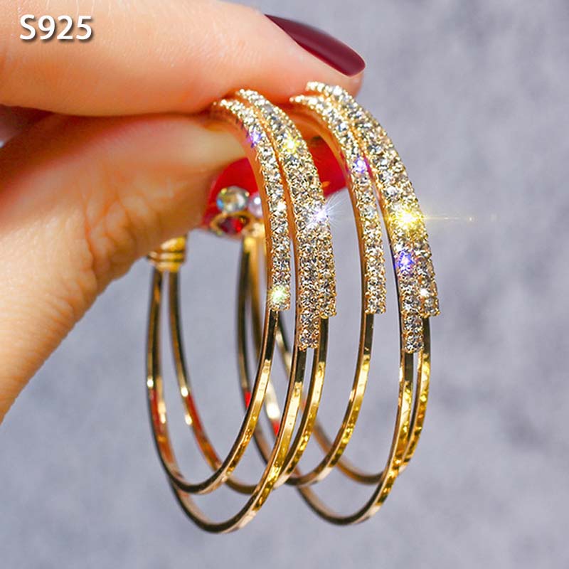 

Genuine Real Pure Solid 925 Sterling Silver Needle Hoop Earrings for Women Jewelry Large Round Rhinestone Rose Gold Earrings