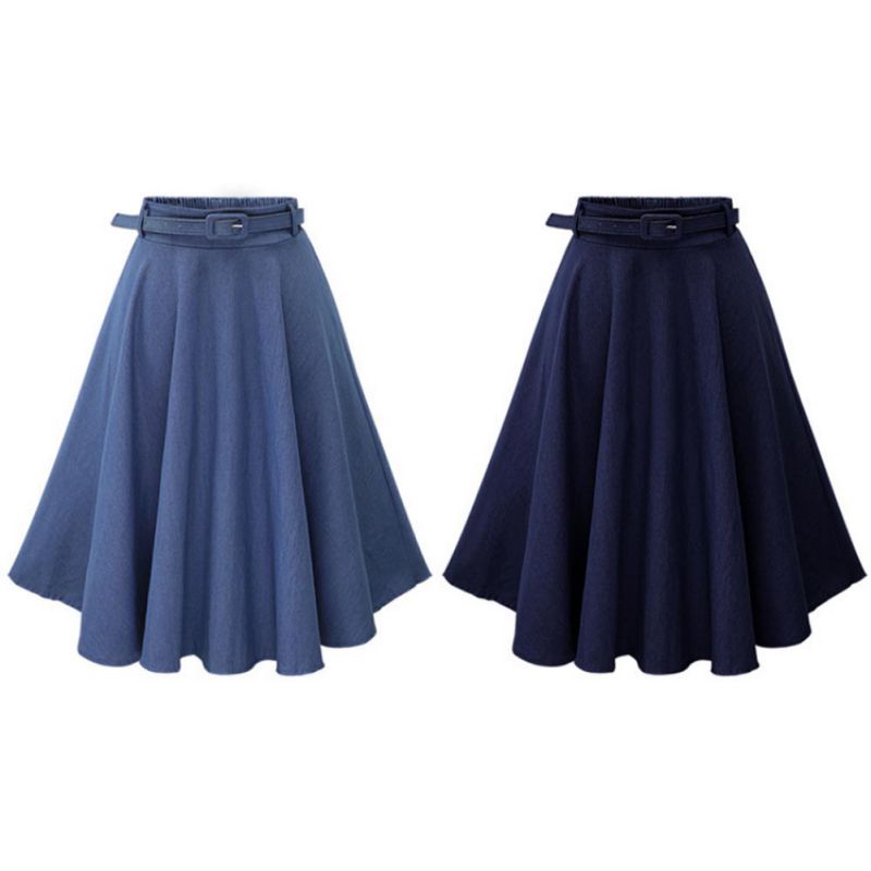 

2019 Summer Autumn Women Denim Jeans Skirts A line Casual Skirt High Elastic Waist Streetwear Midi Pleated Female Clothing, Ql
