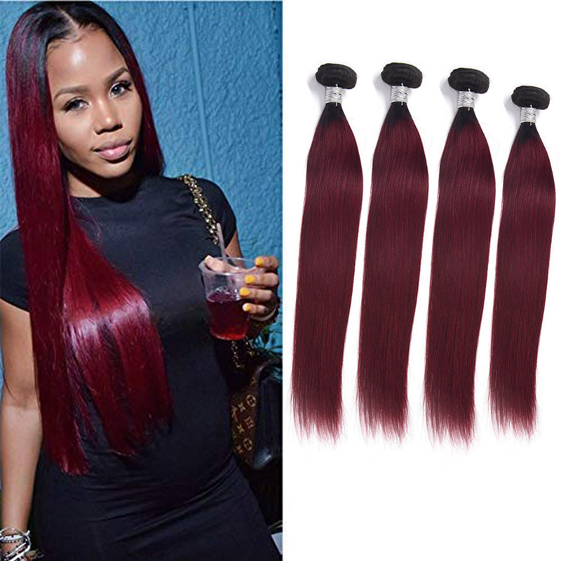 

Brazilian Virgin Hair 4 Bundles 1B 99J Ombre Human Hair Straight Hair Extensions 4 Pieces/lot Straight Double Wefts 12-26inch