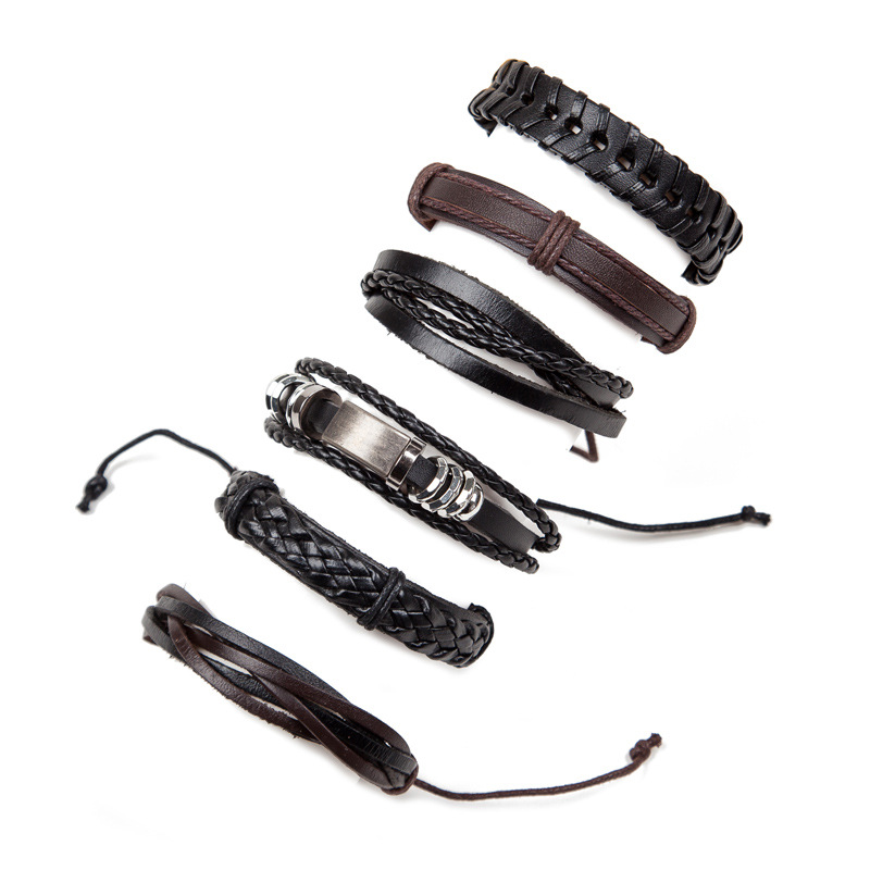 

6pcs/set Vintage Retro Punk Handmade Fashion Jewelry multilayer Leather Braided Rope Wristband bracelets & bangles for Women