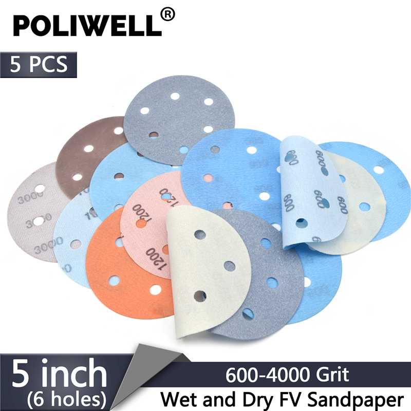 

POLIWELL 125 mm 6 Holes FV Film Soft Sanding Discs Grit 600~4000 Superfine Sandpaper Waterproof for Wet and Dry Abrasive Sanding