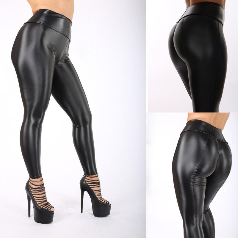 

Women' High Waist Fitness PU Pants Wet Look Faux Leather Slim Leggings, Black