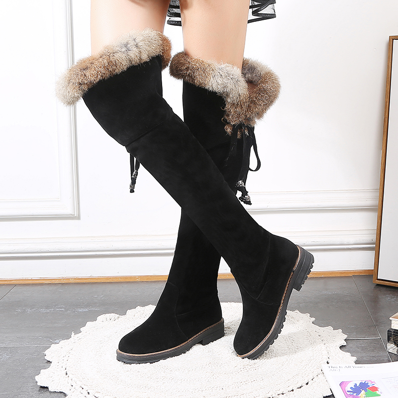 

Women Snow Boots Over The Knee Warm Plush Lining Lace Up Faux Fur Size 34-43 Square Heels Fashion Woman's Winter Shoes, Black