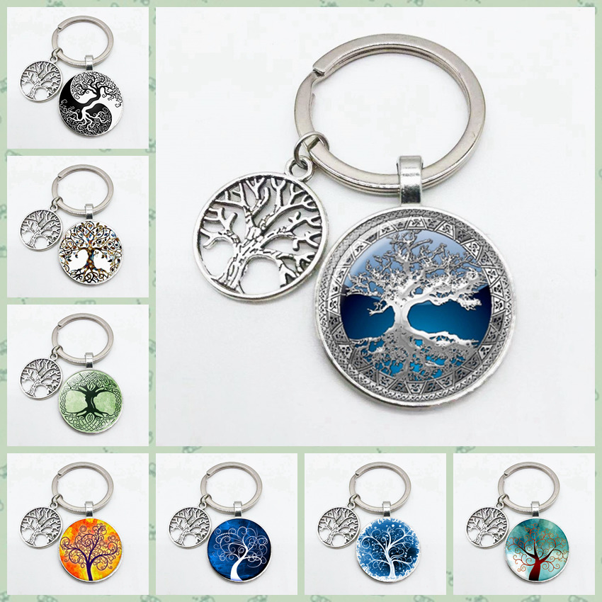 

New Retro Life Tree Keychain Silver Life Tree Pendant Personality Popular Keychain Convex Round Glass Pendant Key Ring Jewelry