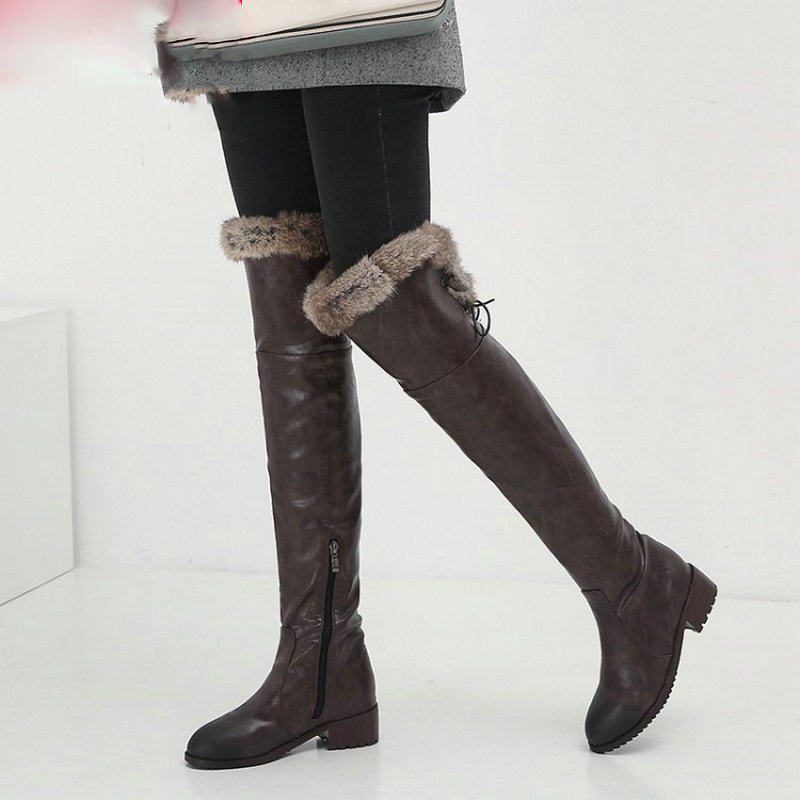 

2020 PU Leather Round Toe Lace Up Zipper Women Shoes Fashion Middle Heel Warm Fur Winter Over The Knee Boots Size 34-43, Black