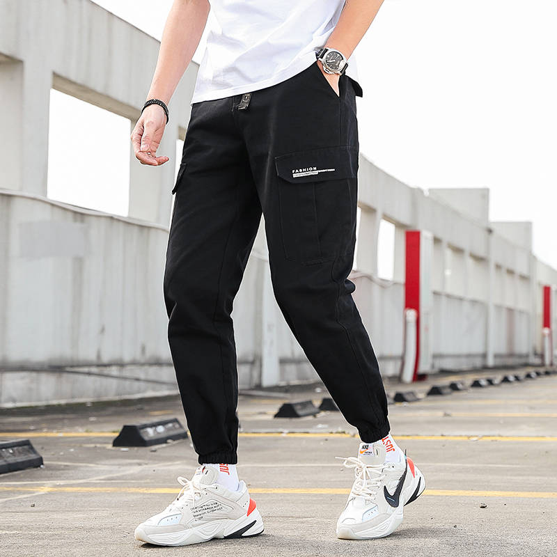 

AprilMoMo2020 spring Hong Kong-style casual pants loose nine-point pants multi-pocket beam feet camouflage overalls, Black