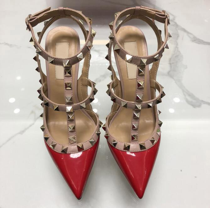 

2019 Designer Pointed with Studs high heels 8CM 10CM Patent Leather rivets Sandals Women Studded Strappy Dress Party Office Wedding Shoes, Hot pink