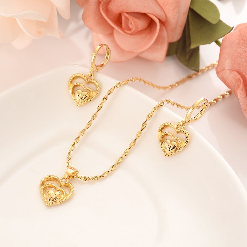 18 K Solid Gold GF Twin Heart Flower Women Jewelry Sets Europe Bridals Wedding Jewelry Gift Dubai Pendnat Earrings Diy Charms 148-image-1103117125