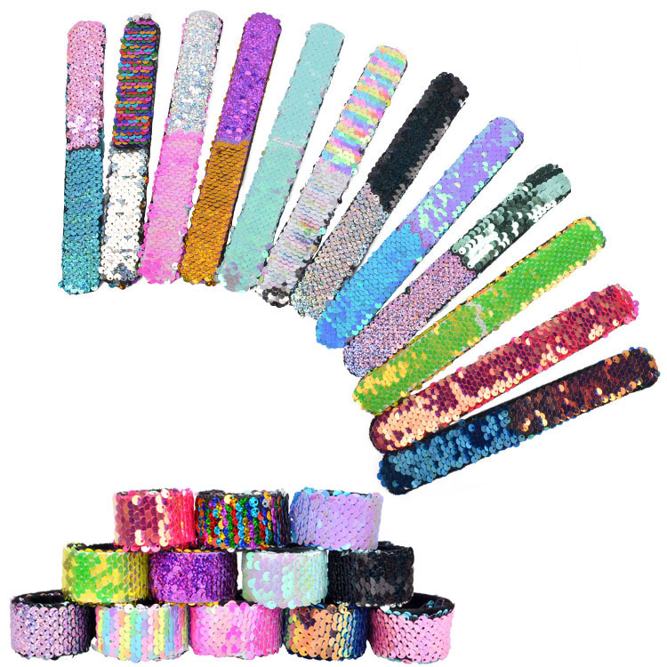 

Hot Fashion 8.4 inch Two Color reversible Sequins Slap Snap Mermaid Bracelet Wristband Kid Boys Girlsboy girl child toys Party Favor, As pic