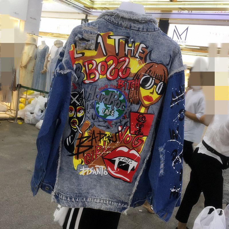 Jean Jacket Women Denim Jackets New Spring Outerwear Patchwork Oversize Fashion Print Female Coat Turn-Down Collar
