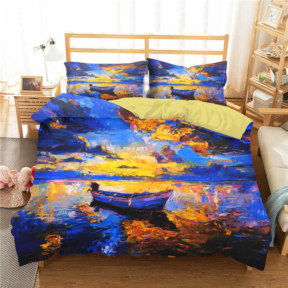 

Double Bedspread 3D Boat in the Lake Oil Painting Home Textile with Pillowcases Duvet Cover Bedroom Clothes