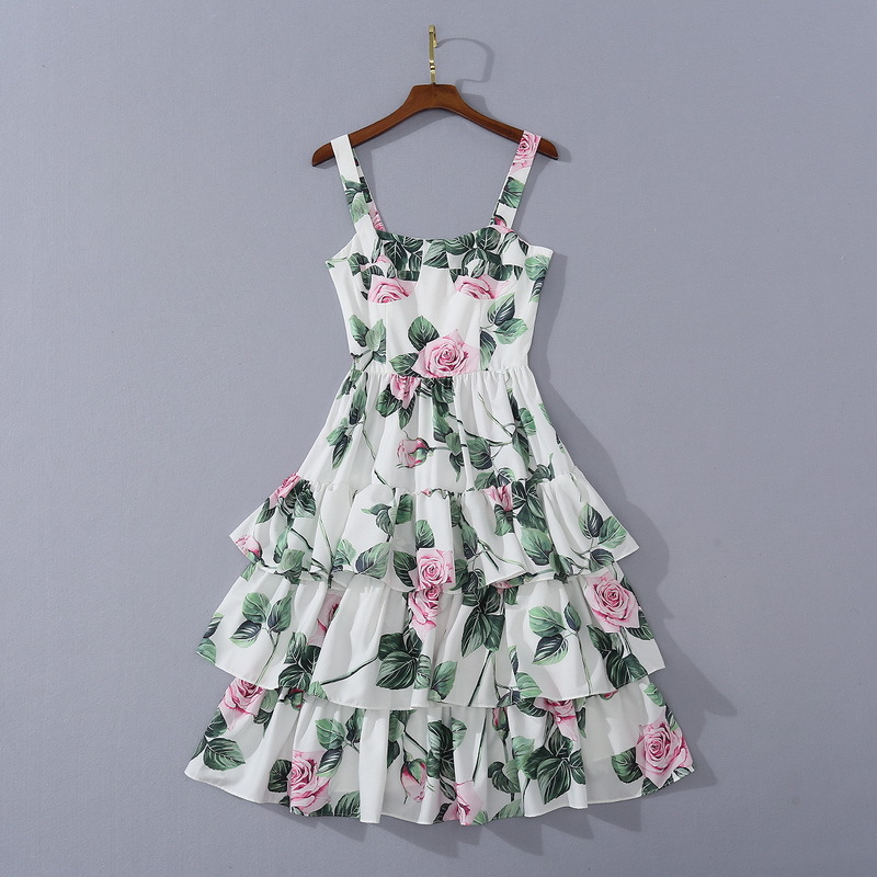 

European and American women' wear 2020 summer new style Condole belt Rose printed Fashion flounce cake dresses, White