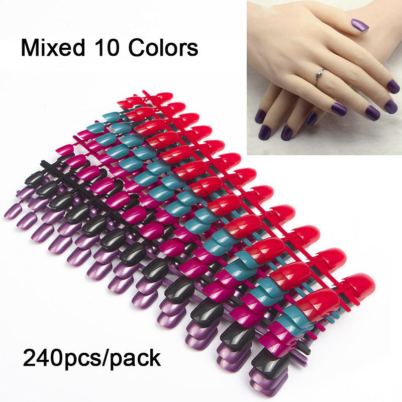 

240pcs/pack Mixed 10 Colors Full Cover Tips Short Design Nails Faux Ongles False Acrylic Nails Art Tips, Red;gold