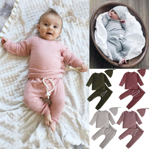 

2020 Winter Newborn 3pcs Cotton Clothes Set Striped Top T-Shirt Pants Outfit Hat for 0-24M Infant Baby Girls Boys